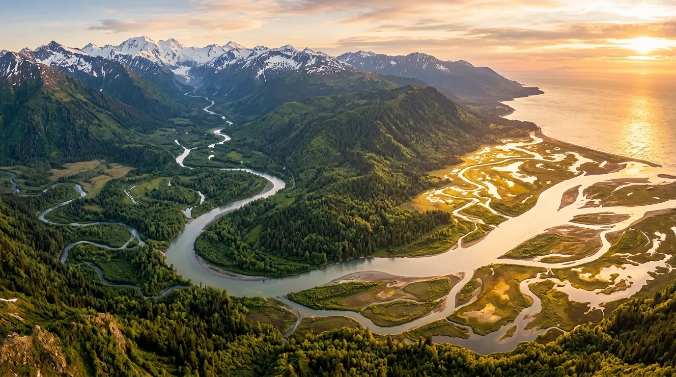 A breathtaking, wide-angle landscape showing the full anatomy of a river in one frame
