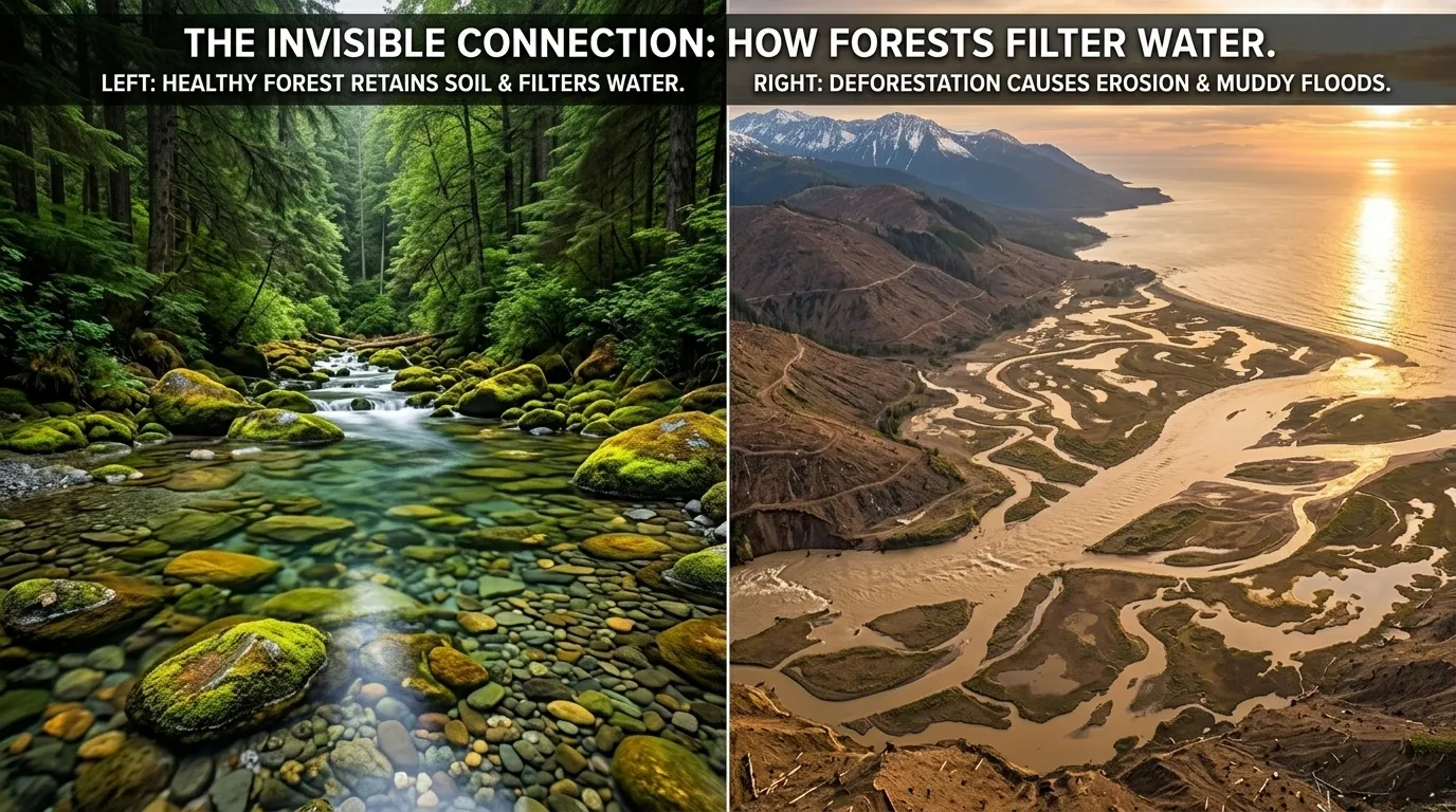 A split-screen or side-by-side comparison,visually proving that forests act as natural filters and sponges.