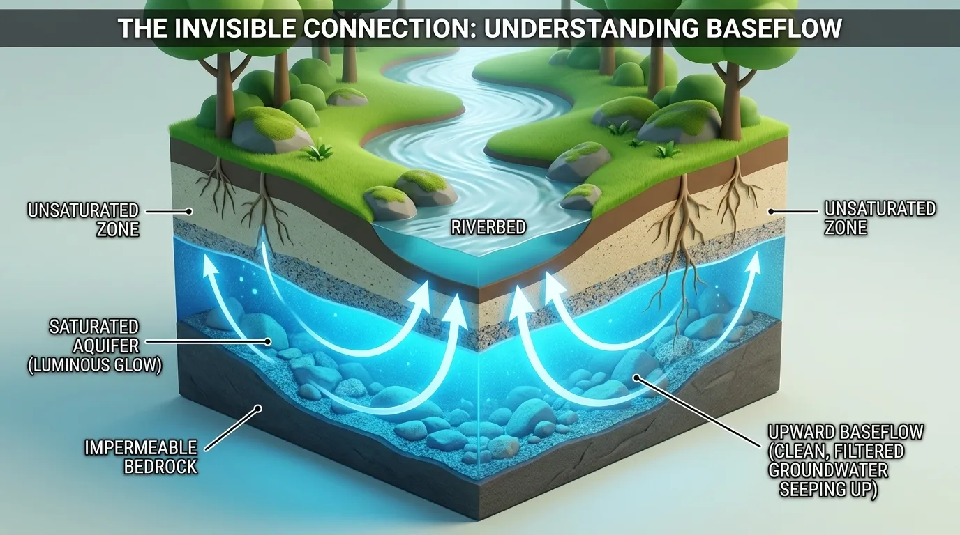 A cross-section illustration of the earth. The top layer shows a gentle river flowing between green banks. Below ground, the soil and bedrock are shown saturated with bright blue, glowing water (the aquifer).