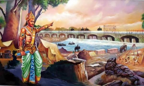 Illustration of Karikala Chola, early Chola king, overseeing the construction of the ancient Kallanai dam across the Kaveri River, with workers, elephants, scaffolding, and boats actively building the massive stone structure in the background.