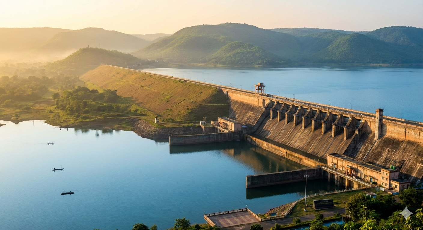 Scenic wide-angle view of Hirakud Dam at sunrise, showing the long earthen embankment, calm reservoir waters, surrounding green hills, and golden morning light reflecting on the surface.