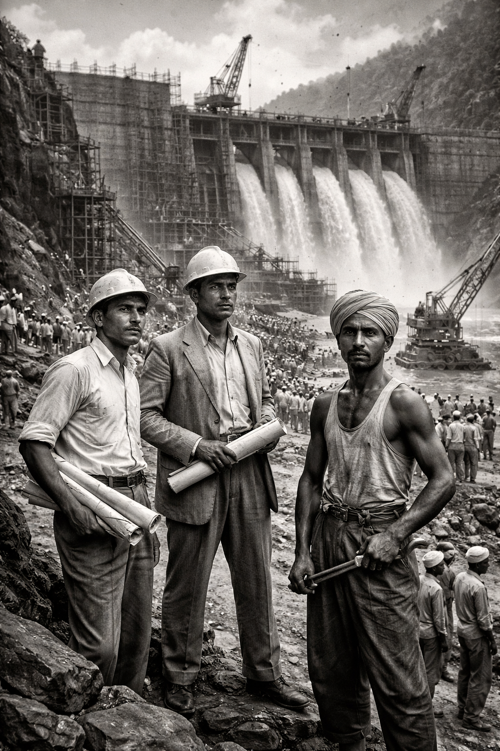 Black-and-white photo of Indian engineers and workers during construction. AI generated