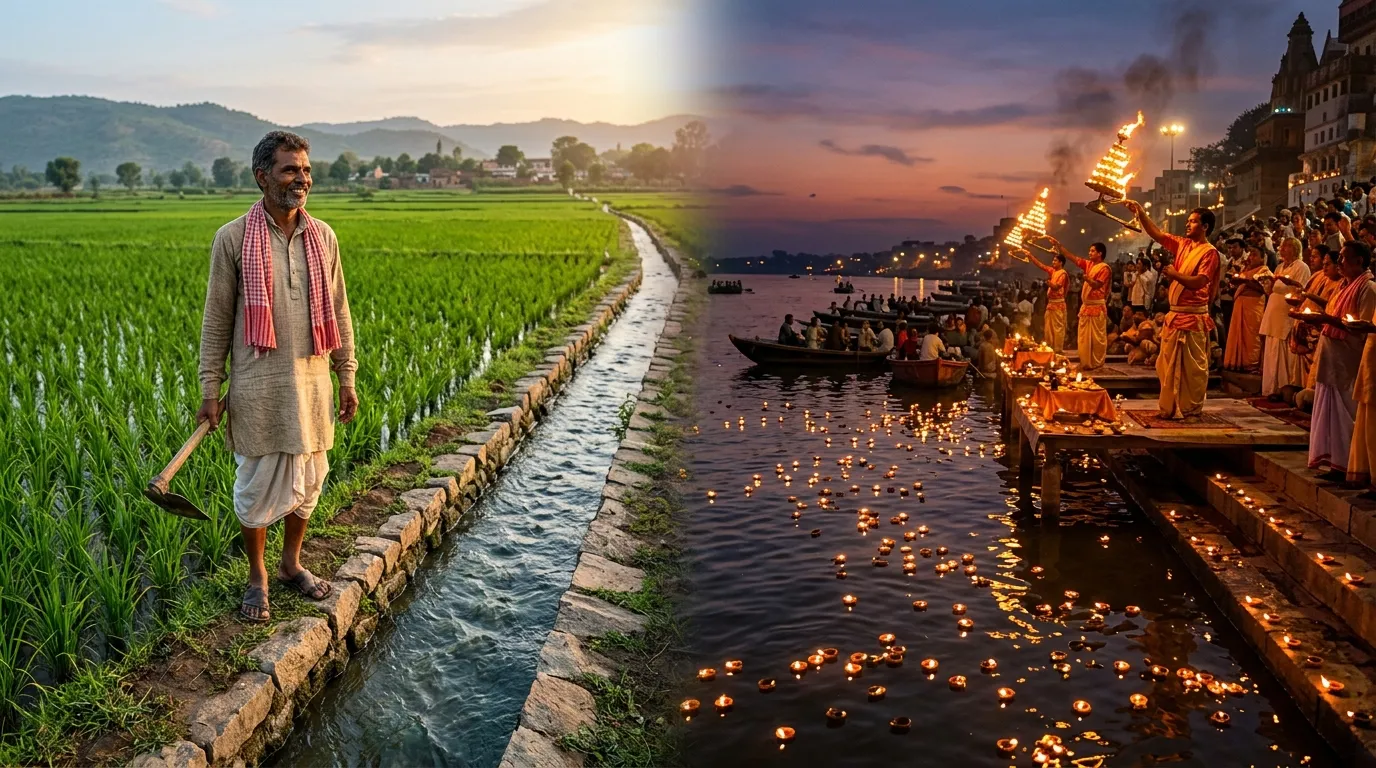 A farmer standing in a lush green field irrigated by a clean canal; vs, beautiful evening Aarti ceremony on the banks of the Ganga.