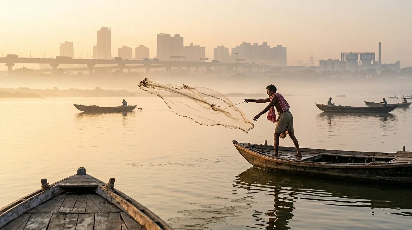 A wooden fishing boat on a wide, calm Indian river at dawn. A fisherman is casting a net into the mist-covered water. This highlights the bridge between traditional livelihoods and modern urban water dependence.