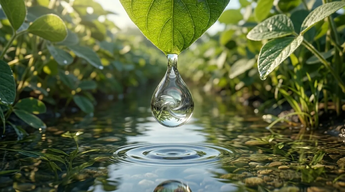 A macro, cinematic photograph of a single drop of water falling off a bright green agricultural leaf into a clear stream
