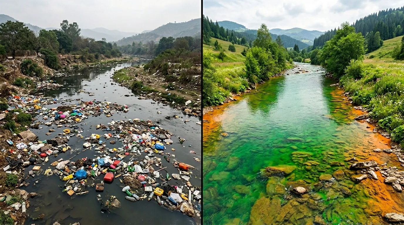 River choked with visible plastic waste vs perfectly clear river