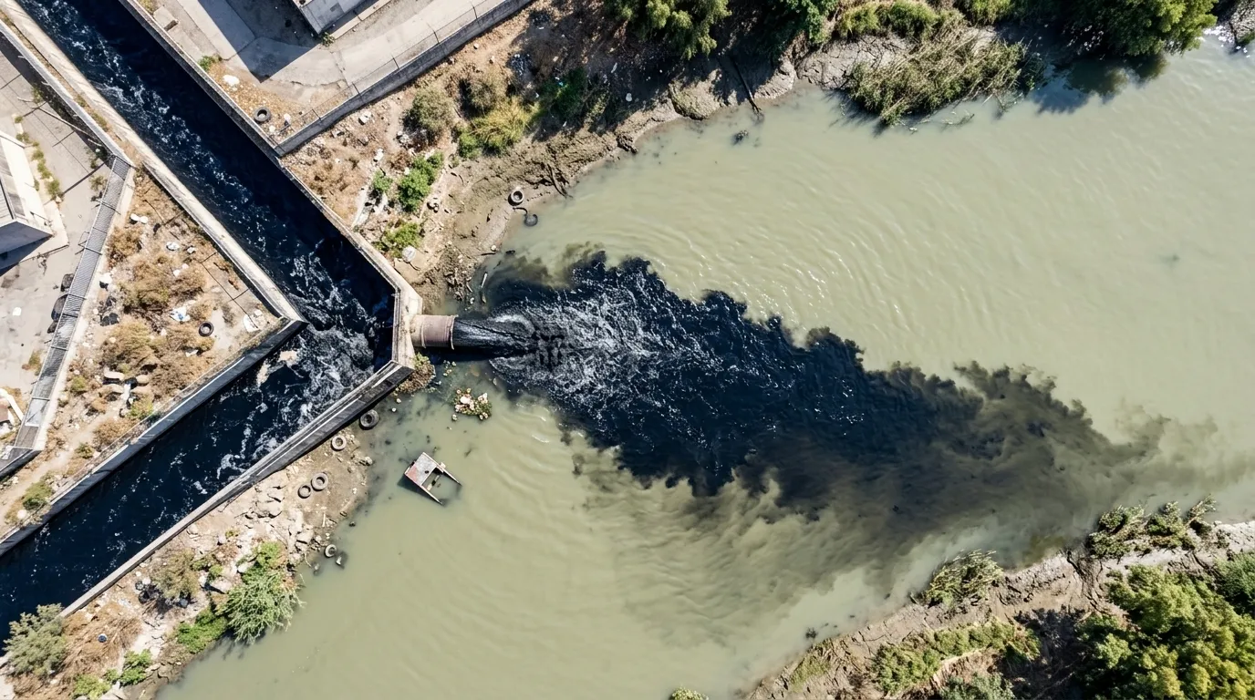  A striking drone shot looking straight down where a dark, untreated city drain (nalla) forcefully intersects with river