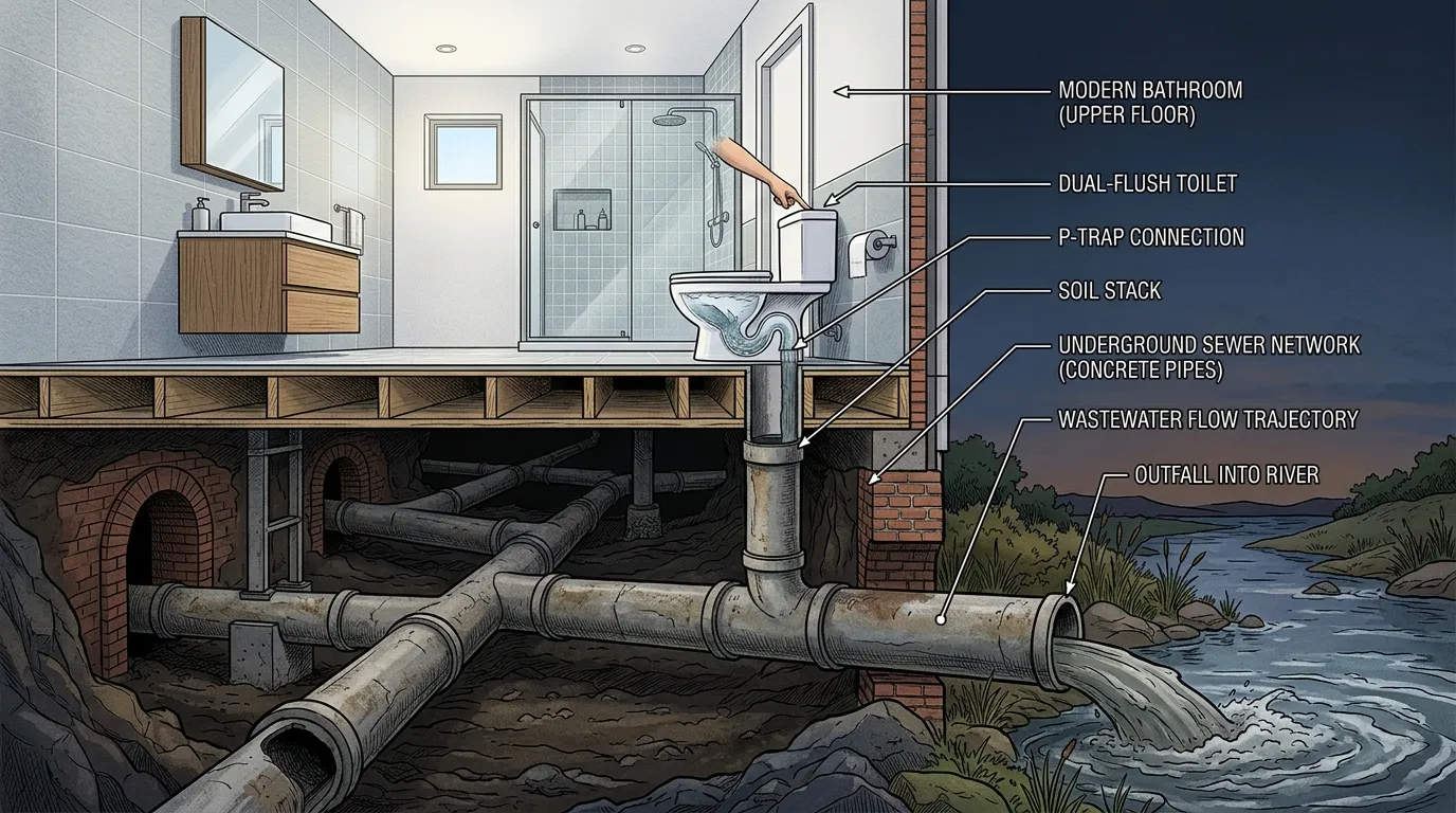 A cross-section illustration showing the underground journey of wastewater from a residential toilet directly into a river system.